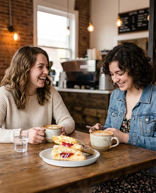 Two friends laughing over coffee and pastries