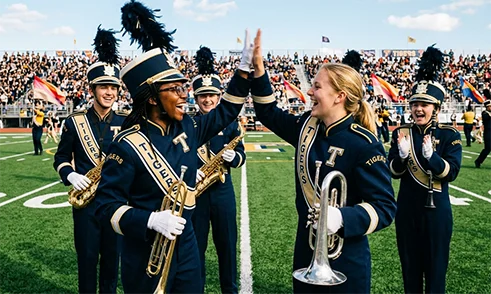 Marching band students celebrating with a high-five on the field