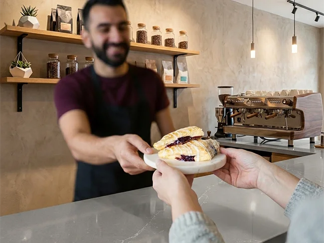 Barista handing over fresh pastries and coffee