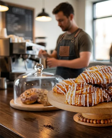 Barista preparing pastries and coffee in a cafe